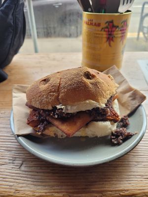 Vegan Morning roll. Square sausage, potato scone & black pudding at Meadow Road Coffee in Glasgow