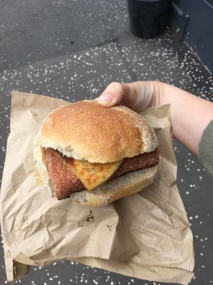 Vegan square sausage & potato scone roll... Becoming a weekly habit!  at Meadow Road Coffee in Glasgow