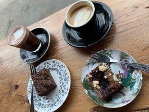 Perfect cup of coffee and hot chocolate with about four or five different brownies to choose from ! at Meadow Road Coffee in Glasgow
