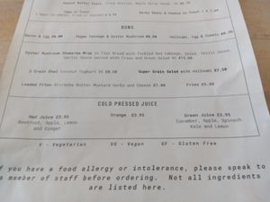 Menu with juice, buns, salad, dhal, fries and wrap at Look Mum No Hands in London