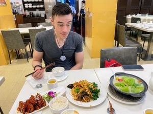 BBQ pork spare ribs, Lohan crispy noodles, and wonton soup. All incredibly delicious !  at Sino Vegetarian Restaurant 大中華素食 in Kowloon