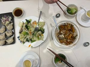 Partially eaten meal for two: dumplings, green vegetables, and rice noodle roll hotpot  at Sino Vegetarian Restaurant 大中華素食 in Kowloon