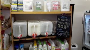 Refillable househould products available to reduce plastic use at One Planet in Accrington