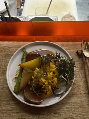 Cauliflower and selection of root vegetables, roasted and served on a soy based gravy   at Marclee in Paris