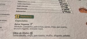 Menu vegan options at Pantagonia in El Calafate