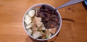 Apple, cinnamon, cacao nips, hazelnuts and cranberries at Bristol Porridge Project in Bristol