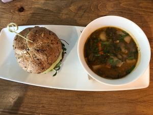 Soup and burger at Bravocados in Tofino