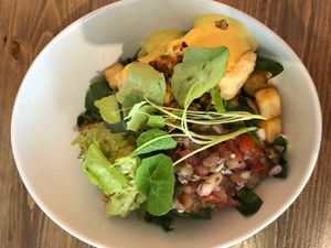 Hash with tofu, salsa, guac at Bravocados in Tofino