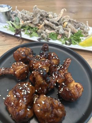 Mushroom calamari and cauli wings with General Tso sauce  at Bravocados in Tofino