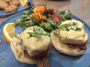 Californian Benny with salad  at Bravocados in Tofino