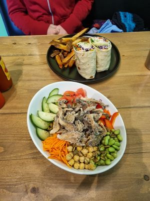 Super bowl with mushroom calamaries at Bravocados in Tofino