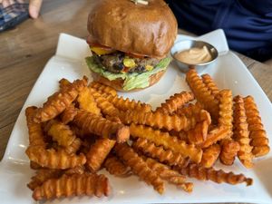 Bravo (black bean) burger & yam friess  at Bravocados in Tofino
