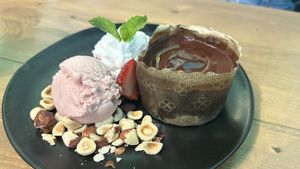 Chocolate lava cake with strawberry ice cream   at Bravocados in Tofino