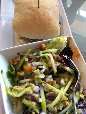 Artichoke burger with Green Goddess salad  at Bravocados in Tofino