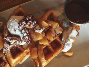 Vegan apple pie waffles with coconut whip  at Bravocados in Tofino