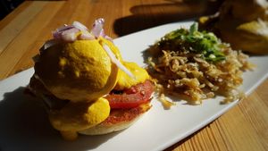 The amazing vegan florentine benny. at Bravocados in Tofino