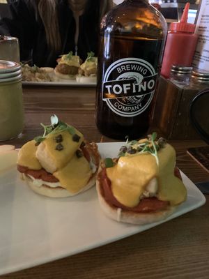 Tofu egg Benny with avocado hollandaise, ahimi, cashew cream cheese and roasted capers.  at Bravocados in Tofino