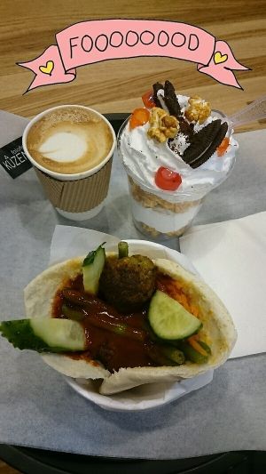 Bbq falafel and caramel popcorn dessert! yummm at Kuzen Falafel in Kyiv