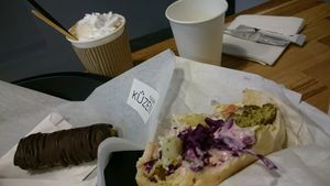 mayo falafel and coconut coffee at Kuzen Falafel in Kyiv