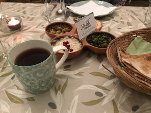 Sage tea, mezze and bread at Cafe Palestina in North West London