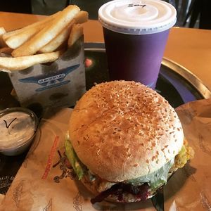 V8 Vegan, fries with vegan aioli, and a soy thickshake at BurgerFuel in Palmerston North