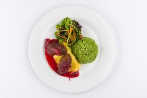 weekly special - Falaffel served with mashed potatoes and red berries sauce and spinach rice at Herbario in Medellin