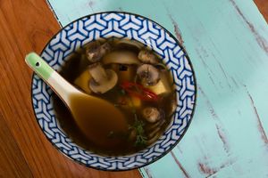 Weekly special - Mushroom soup with portobello and veggie stock at Herbario in Medellin