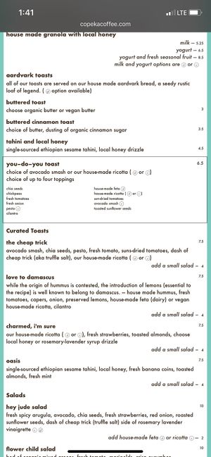 Part of the menu at Copeka Coffee in Grand Junction