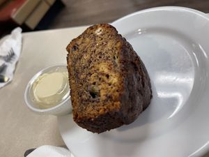 Vegan banana bread with vegan butter at Noble Restaurant in Wyoming
