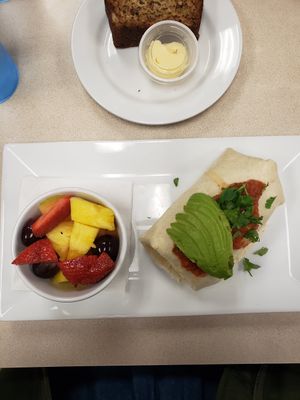 vegan breakfast burrito and fruit cup at Noble Restaurant in Wyoming