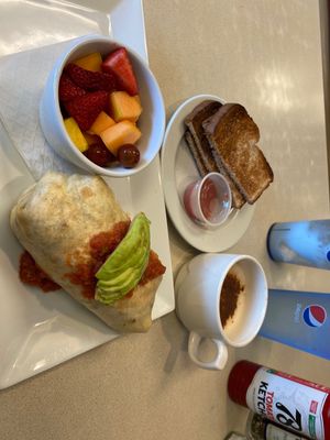vegan burrito, fresh fruit that was actually REALLY good and fresh, organic wheat toast & vegan chai latte   at Noble Restaurant in Wyoming