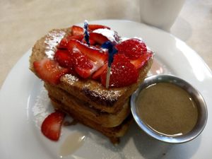Vegan Stuffed French Toast (vegan cream cheese & blueberries inside) at Noble Restaurant in Wyoming