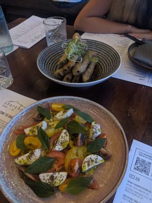 Heirloom tomato & tofu salad and crispy "fish fragrant" eggplant at Shorehouse  in Townsville
