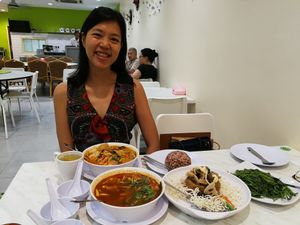 We had:
Tom Yam Soup (small) RM13
Stir Fried Sweet Potato Leaf (small) RM13
Curry Mee RM8
Yam with Mix vegetables (small) RM18
Water RM0.50
Golden Osmanthus tea RM4
Brown rice
White rice
 at V Kitchen Restaurant in Petaling Jaya