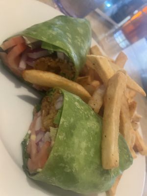 Vegan wrap with French fries   at Hugo's Restaurant - Studio City in Studio City
