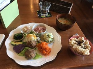 Tasty lunch set- veggie plate, soup, brown rice and tea (not in pic)  at Oteate in Nagoya