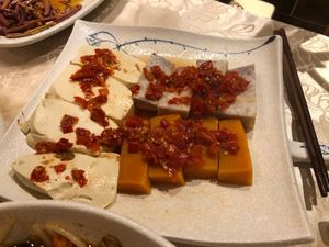 Steamed tofu, pumpkin and taro with chili at Tin Chu Chi Hong Vegetarian in Kowloon