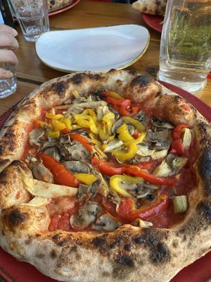 Pepper, artichoke and mushroom pizza! (No cheese) at The Oven Pizzeria in Bath