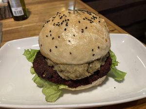 Vegan burger (yes it's big!) at Mi Sur in Puerto Puyuhuapi