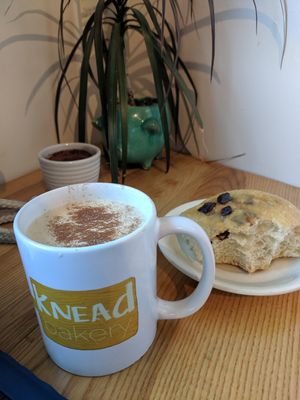Chai Oat Milk Latte w/ choco chip brioche bread at Knead Bakery in Burlington