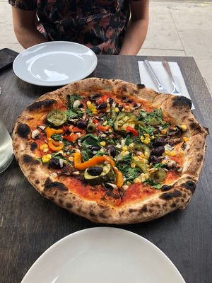 Veggie pizza no cheese- still yum! at Pizza Sophia in London
