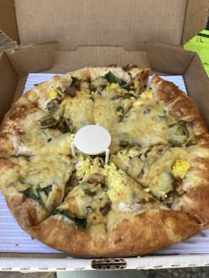 Vegan breakfast Pizza with jalapeños added at Buffalo Pizza and Ice Cream in Sacramento