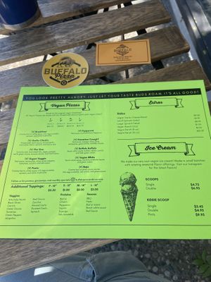 Vegan takeaway menu and free swag (magnet and sticker) at Buffalo Pizza and Ice Cream in Sacramento