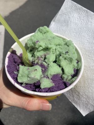 Ube and mint cookie vegan ice cream!  The Ube was fire!!!   at Buffalo Pizza and Ice Cream in Sacramento