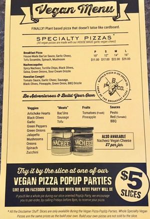 Vegan menu at Buffalo Pizza and Ice Cream in Sacramento