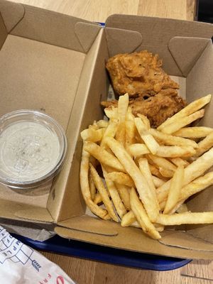 Strips and chips and ranch sauce at Temple of Seitan - Camden in North West London