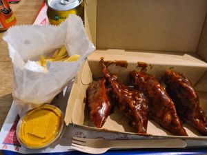 Bbq wings, chiptole mayo, fries at Temple of Seitan - Camden in North West London