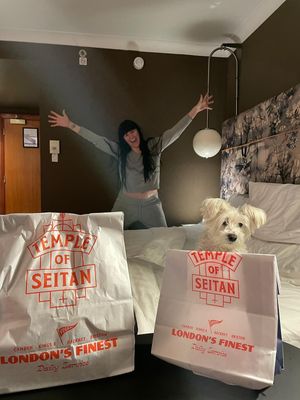 Had to get a cute pic of my dog in 🤣 eco paper and card packaging  at Temple of Seitan - Camden in North West London