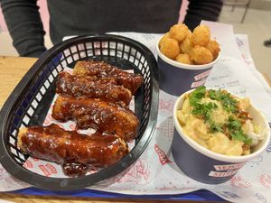 Bbq temple wings, tater tots, mac & cheese  at Temple of Seitan - Camden in North West London