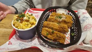 Mac N cheese with carlic parm wings at Temple of Seitan - Camden in North West London